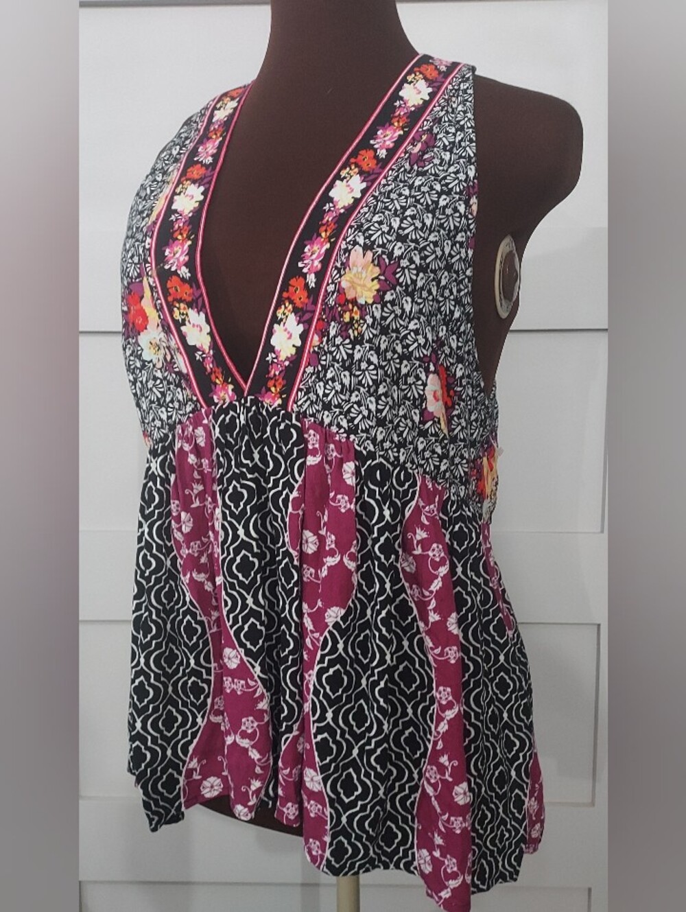 NWOT Free People Floral Halter Tank in Black & Pink Medium
